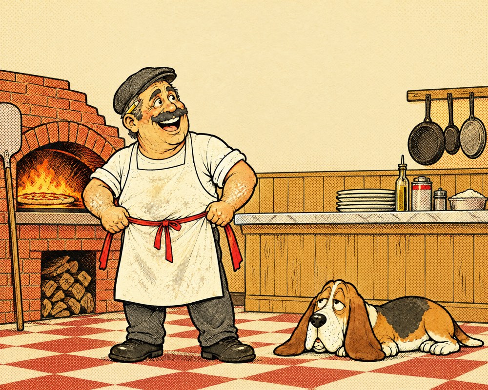 Sal grins as he unties his apron in his pizzeria while Mustard the basset hound watches from the floor