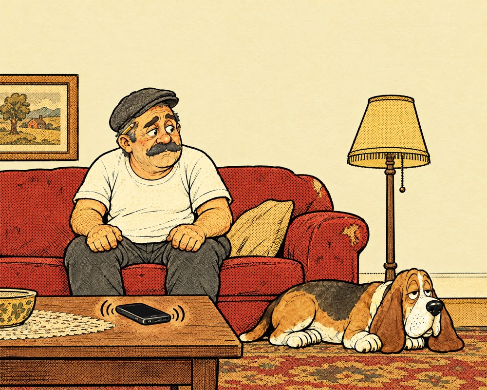 Sal sits stiffly on his couch at home staring at his buzzing phone while Mustard lies on the rug