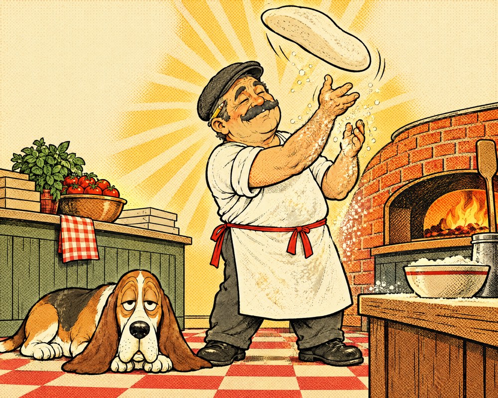 Sal happily tosses pizza dough back at the shop while Mustard stares at the reader